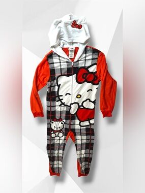Hello Kitty Girls Plaid Hooded One-Piece Pajama w/ Ears on Hood | Size 7/8Y (M)